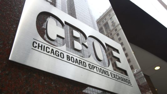 A CBOE plaque is seen near the front entrance to the Chicago Board Options Exchange in Chicago, Illinois, U.S., on Thursday, May 20, 2010. CBOE Holdings Inc. set a price range for its planned initial public offering that values the owner of the Chicago Board Options Exchange at about $2.87 billion.  Photographer: Tim Boyle/Bloomberg via Getty Images