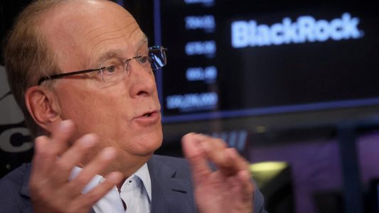 FILE PHOTO: Larry Fink, Chairman and CEO of BlackRock, speaks during an interview with CNBC on the floor of the New York Stock Exchange (NYSE) in New York City, U.S., April 14, 2023.  REUTERS/Brendan McDermid
