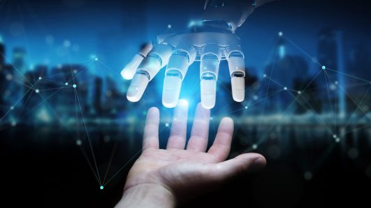 Robot hand making contact with human hand on dark background 3D rendering